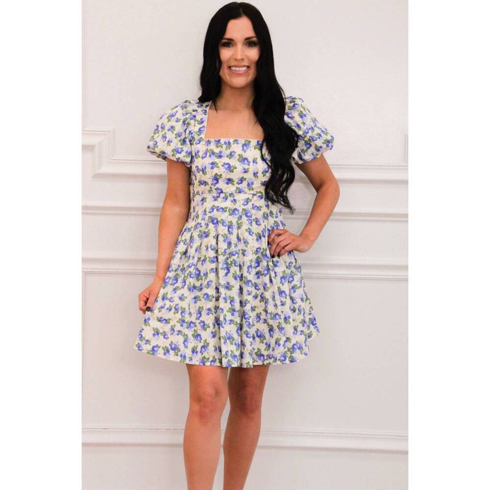 NEW MABLE jayde floral square neck mini dress in blue multi
